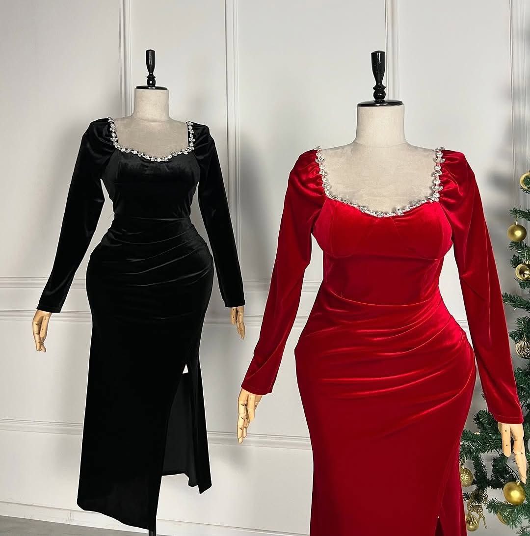 Robe slim en velours à manches sulfpour femme
