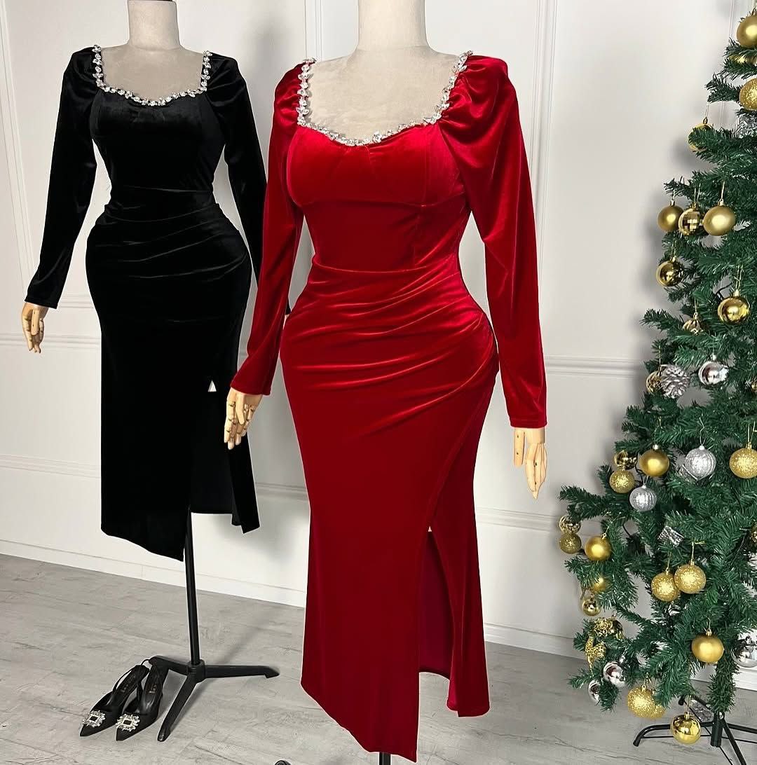 Robe slim en velours à manches sulfpour femme