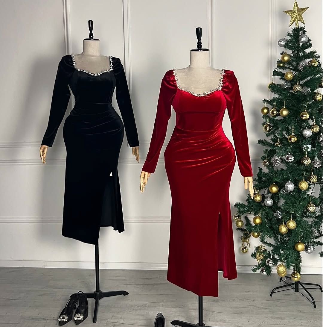Robe slim en velours à manches sulfpour femme